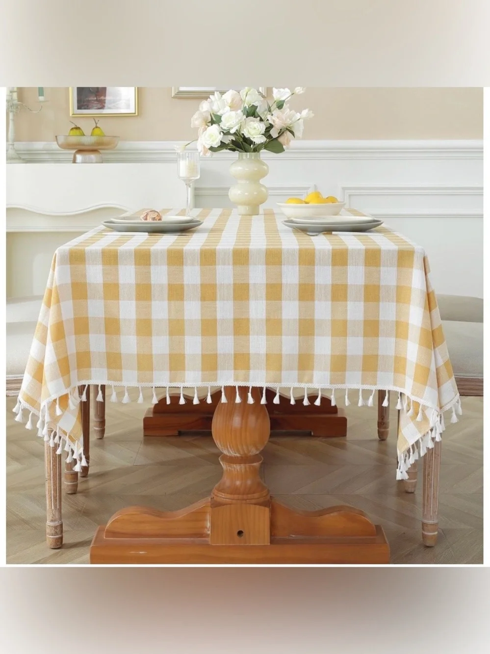 Buffalo Checkered Gingham Tablecloth with Tassel Trim 48” Round - YELLOW WHITE